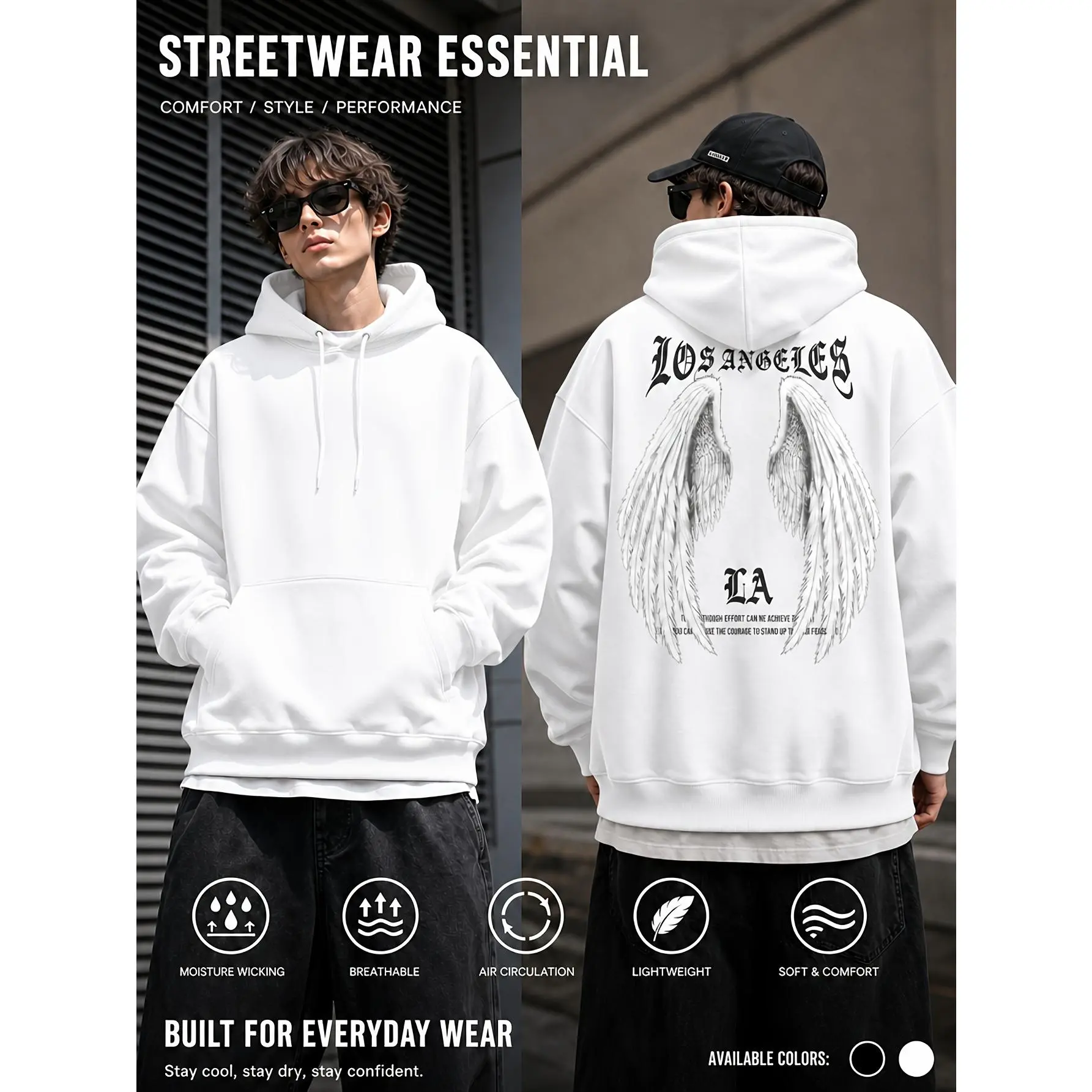 This street-style loose-fitting black sweatshirt features printed angel wings, is comfortable and breathable, perfect for everyday wear, lightweight and stylish, and a must-have for any street style look.