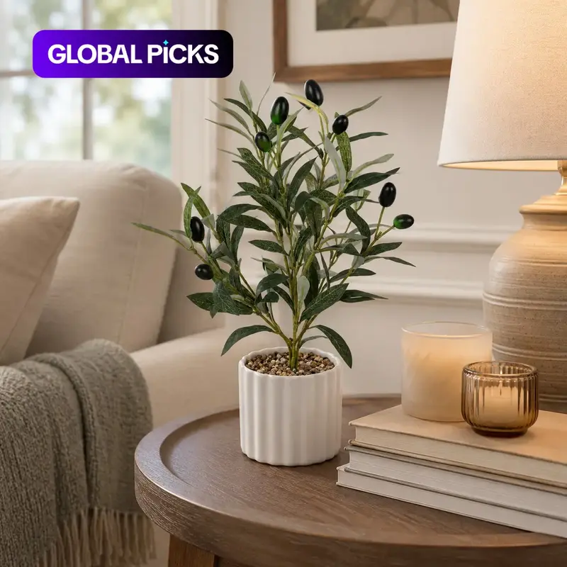 1PC Artificial Olive Tree in Pot, Realistic Faux Olive Plant with Black Olives, Fake Indoor Plant, Greenery Fake Plants, Mini Potted Greenery for Indoor Home Office Table Shelf Decor #GLOBAL PICKS