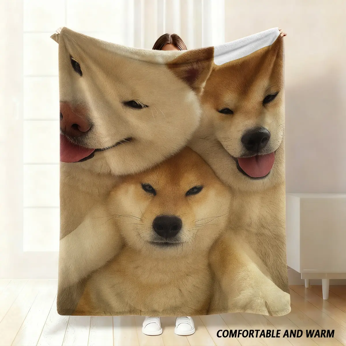 1pc Adorable Shiba Inu Print Flannel Blanket Soft, Warm, and Lightweight for Bed, Travel, Camping, Living Room, Office, Sofa, Chair Digital Printing, AllSeason