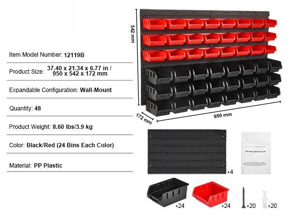 Wall Mounted Storage Bins, 48-Bin Parts Rack Organizer Garage Plastic Shop Tool with Wall Panels, Tool Organizer for Nuts, Bolts, Screws, Nails, Beads, Buttons, Other Small Parts, Black and Red