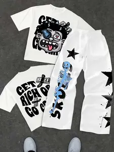 Cartoon Y2K Men’s Scimitar Pants Matching Set For Teen Guys Soft Stretch Dark Green Tee Eccentric Face Star Print Black Pants Skate Daily LA Viral Co Ord