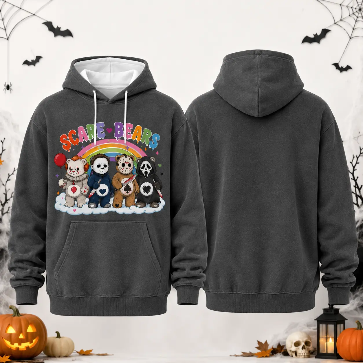 Unisex Scare Bears Spooky Cartoon Graphic Hoodie, Funny Rainbow Horror‑Inspired Long‑Sleeve Sweatshirt, Cozy Casual Top for Fall Halloween Holiday Daily Wear