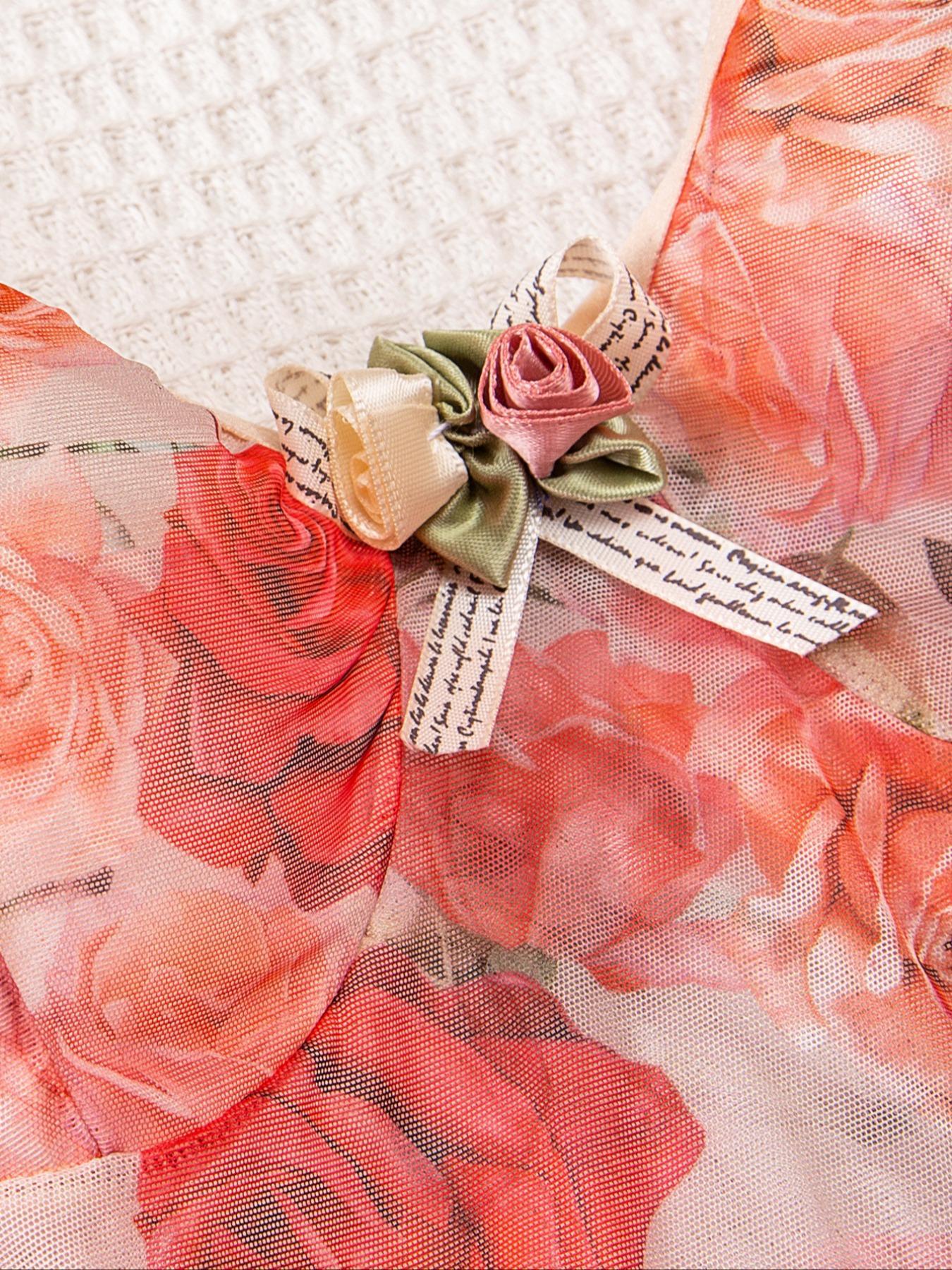 Women's Floral Print Bow Front Frill Tulle Cami Nightdress, Sexy Fit Spaghetti Strap Sleep Dress for Summer, Fashion Comfy Sexy Women Lingeries, Elegance Glam Lounge Wear, Nightwear, Womenswear