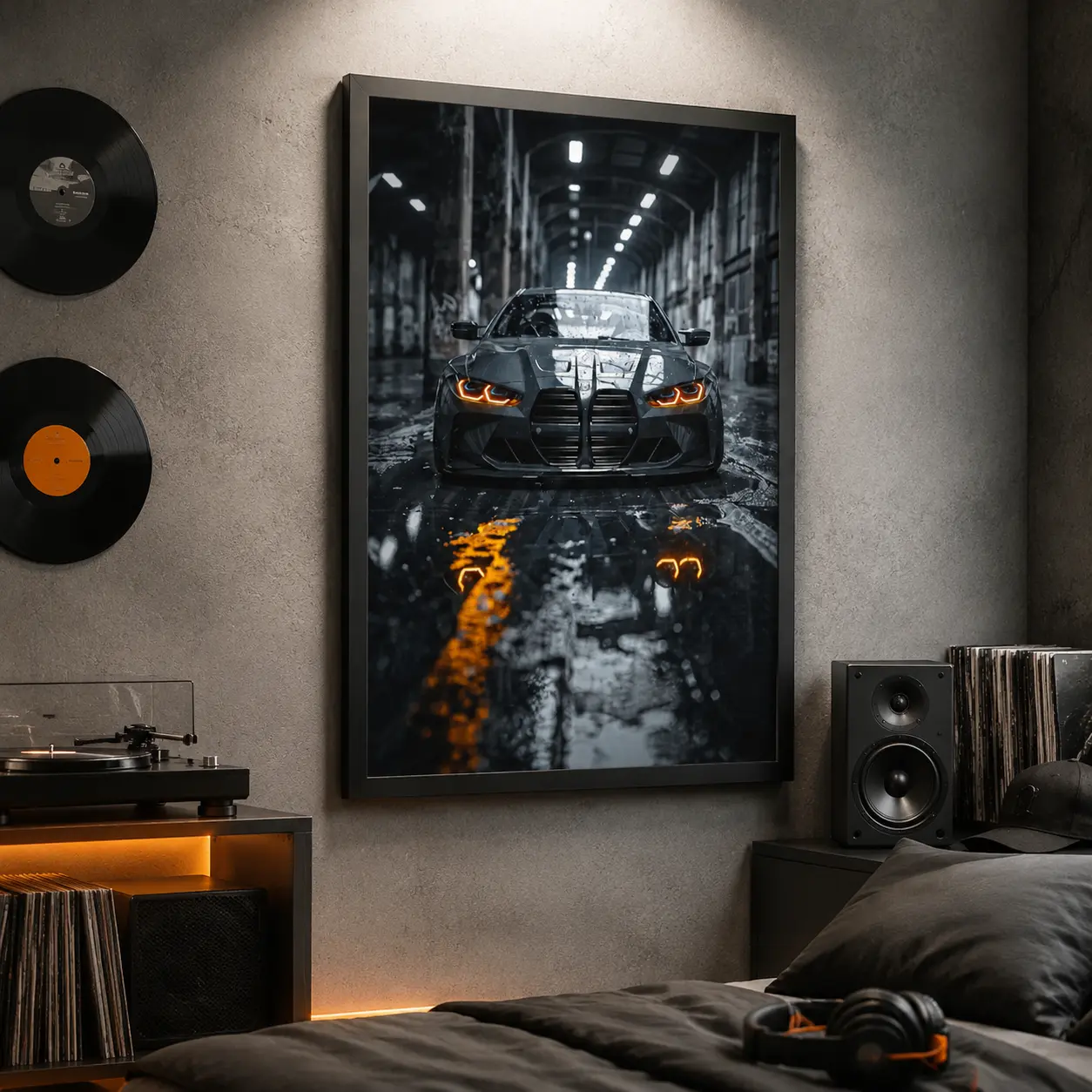 Rainy Night BMW Car Canvas Wall Art Poster, Modern Black Luxury Sports Car Art Print for Bedroom, Living Room, Office, Garage, Man Cave, or Apartment Decor, Waterproof Automotive Wall Decoration, Gift for Car Lovers