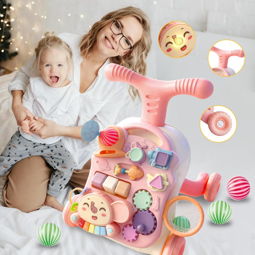 Baby Sit-to-Stand Learning Walker 3 in 1 for Girls Boys Educational Push Walkers with Activity Table Music Toy Gift Pink