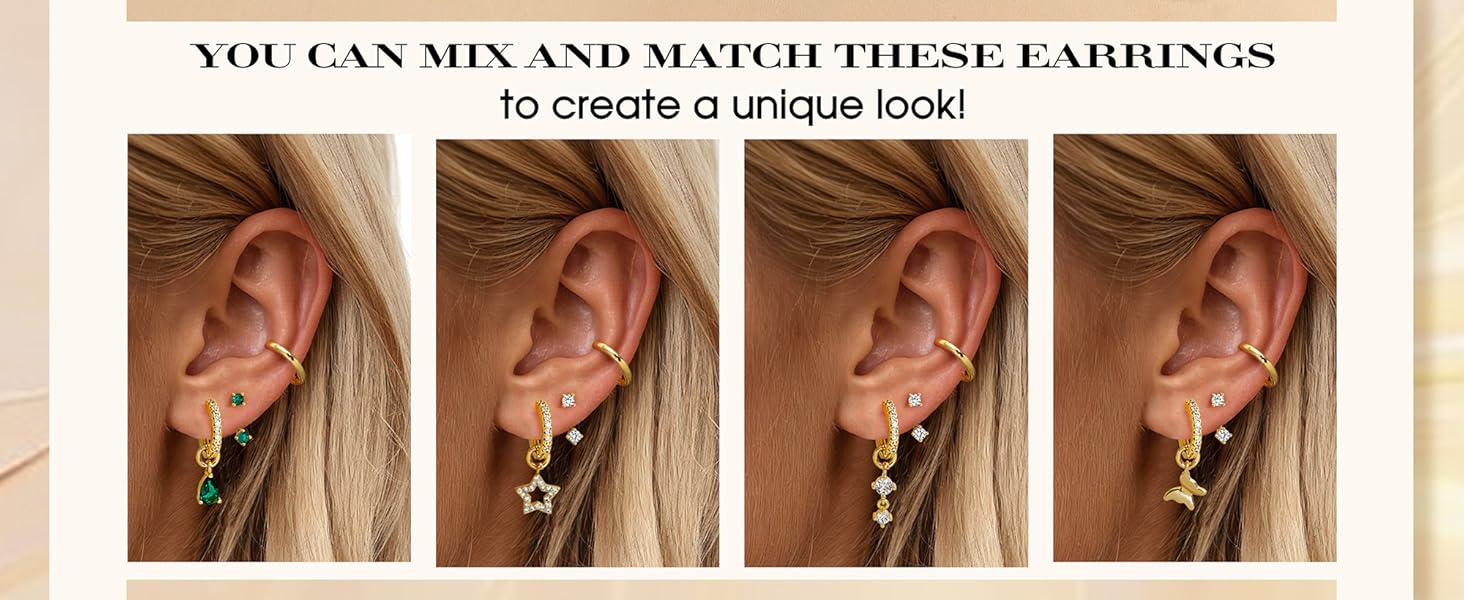 CASSIECA Gold-Plated Hoop Earrings for Women – Hypoallergenic Gold-Plated Hoops Cartilage Earring Sets for Multiple Piercing Dainty Silver Huggie Stud Earring Stacks with Charm