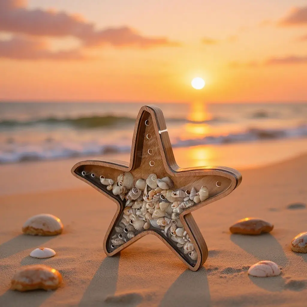 Wooden Starfish Shell Display Box, Ocean Theme Transparent Decorative Storage Box, Beach Shell Memorial Ornament, Coastal Home Décor