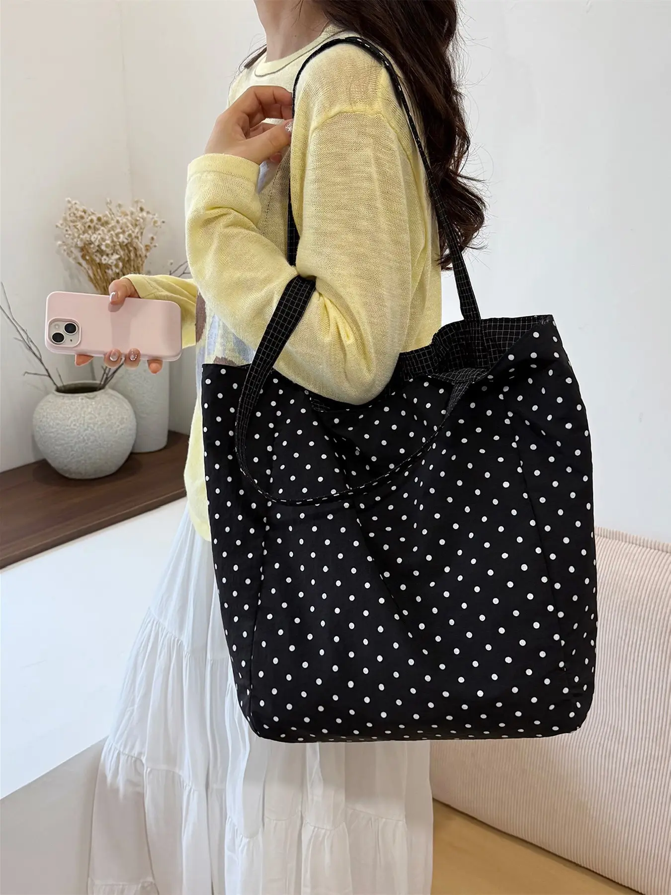 reversible dual sided tote bag, gingham polka dot two way shoulder purse, heart letter print large shopping bag, ins soft commute school tote, lightweight travel reversible handbag, versatile double face fabric bag