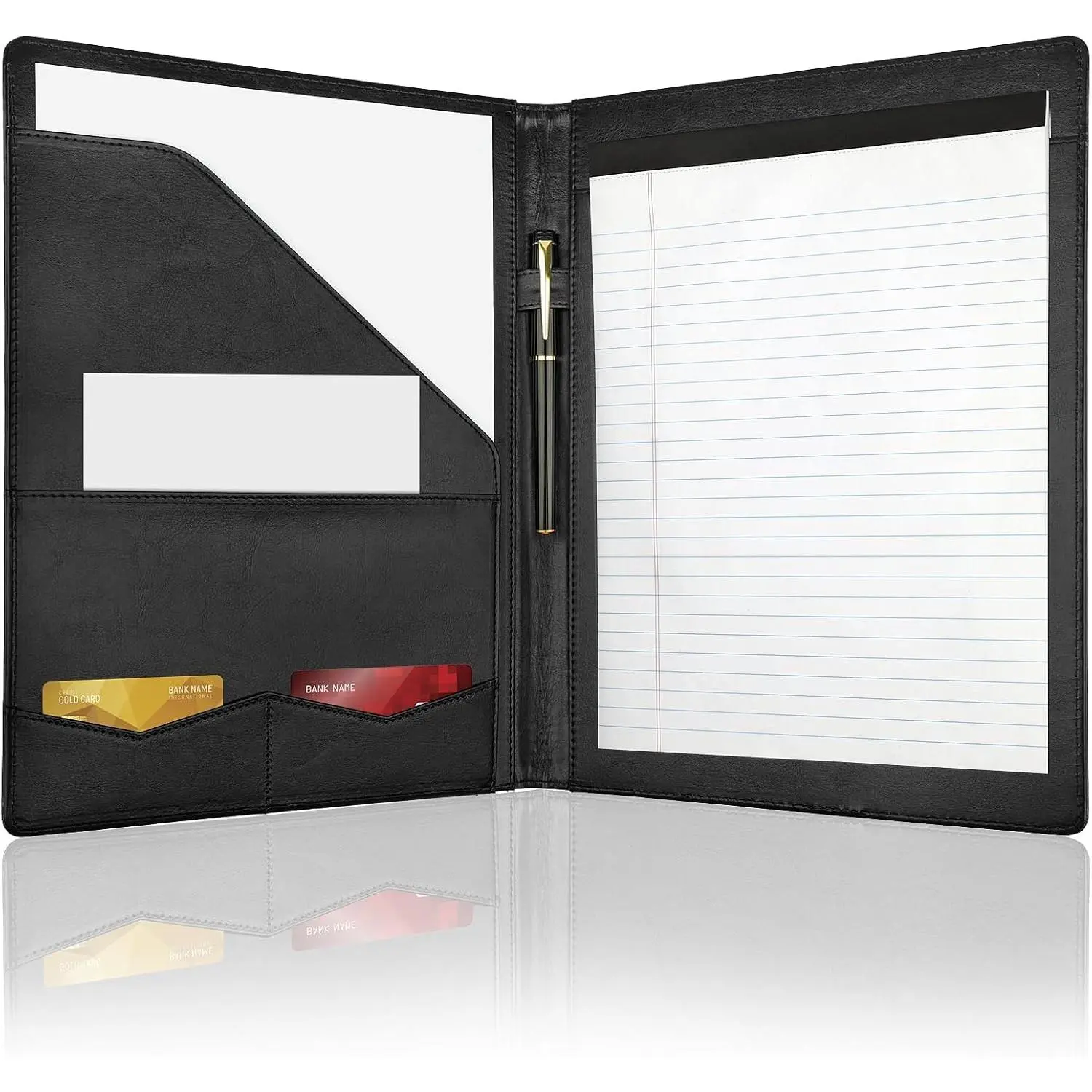 Professional Faux Leather Padfolio Portfolio Binder, Black - Interview Resume Folder, Letter Size A4 Writing Pad Holder, Document Organizer for Business, School, Office & Conference