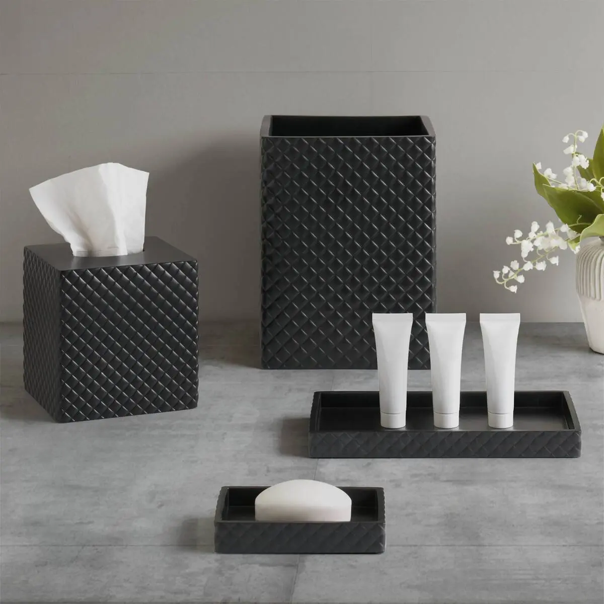 Nokaa Onyx One-Size Bathroom Accessories Set - Soap Dish, Lotion Dispenser, Toothbrush Holder, Tumbler, Tray for Bathroom Vanity Countertop Organizer, Modern Home Decor