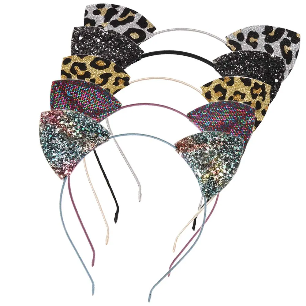 Leopard Sequin Black  Ears Headband for women,Leopard Print,  ears Headbands Party Decoration, Halloween costume for women adult Pack of 5(Multicolor)