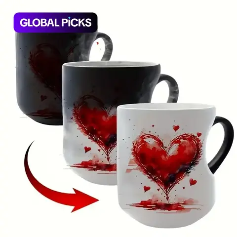 1pc 11oz 325ml Magic Color-Changing Mug - Thermosensitive Ceramic Cup Changes Color When Hot Drinks Are Added (-Activated), White with Red Hearts Design, Hand Wash Only, Reusable Gift for Coffee Drink Cup, Tea, Cocoa #GLOBAL PICKS