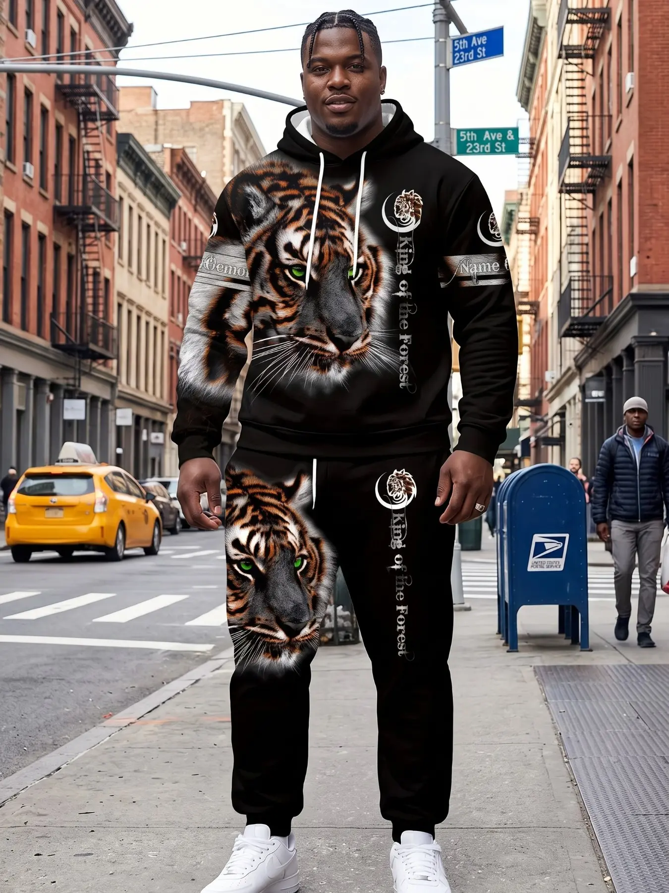 Men's Plus Size 2-Piece Set, Tiger Print Casual Suit, Long Sleeve Sweatshirt and Pants, Slim-Fitting, All Seasons, Below the Knee