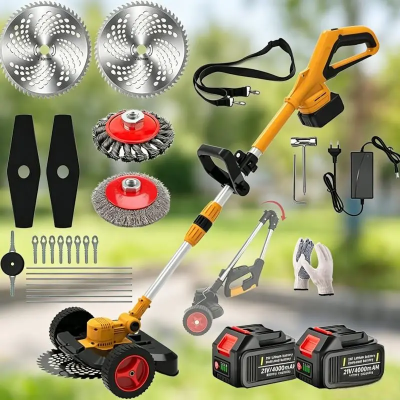 Foldable Wheeled Cordless Weed Wacker, 21V 5-in-1 Electric Grass Trimmer with 2*4.0Ah Batteries & Charger, Lightweight Brush Cutter Edger Mower with 5 Blade Types for Lawn Yard Garden Maintenance