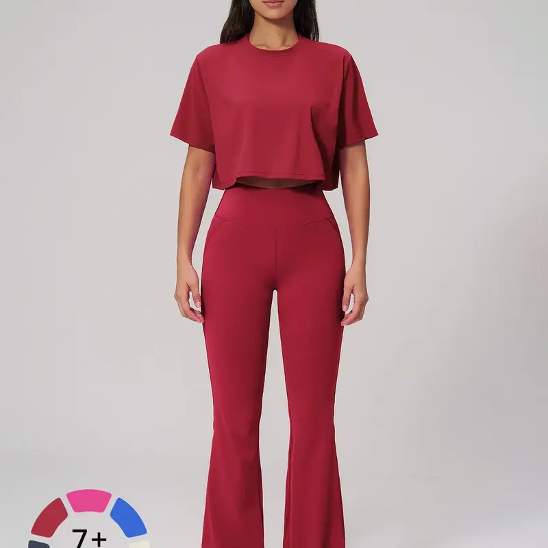 Women's Quick-Dry Yoga Set, Short Sleeve Tight-Fit Top & Long Pants, High-Intensity Workout Sportswear, Athletic Sports Clothing, All Season Activewear