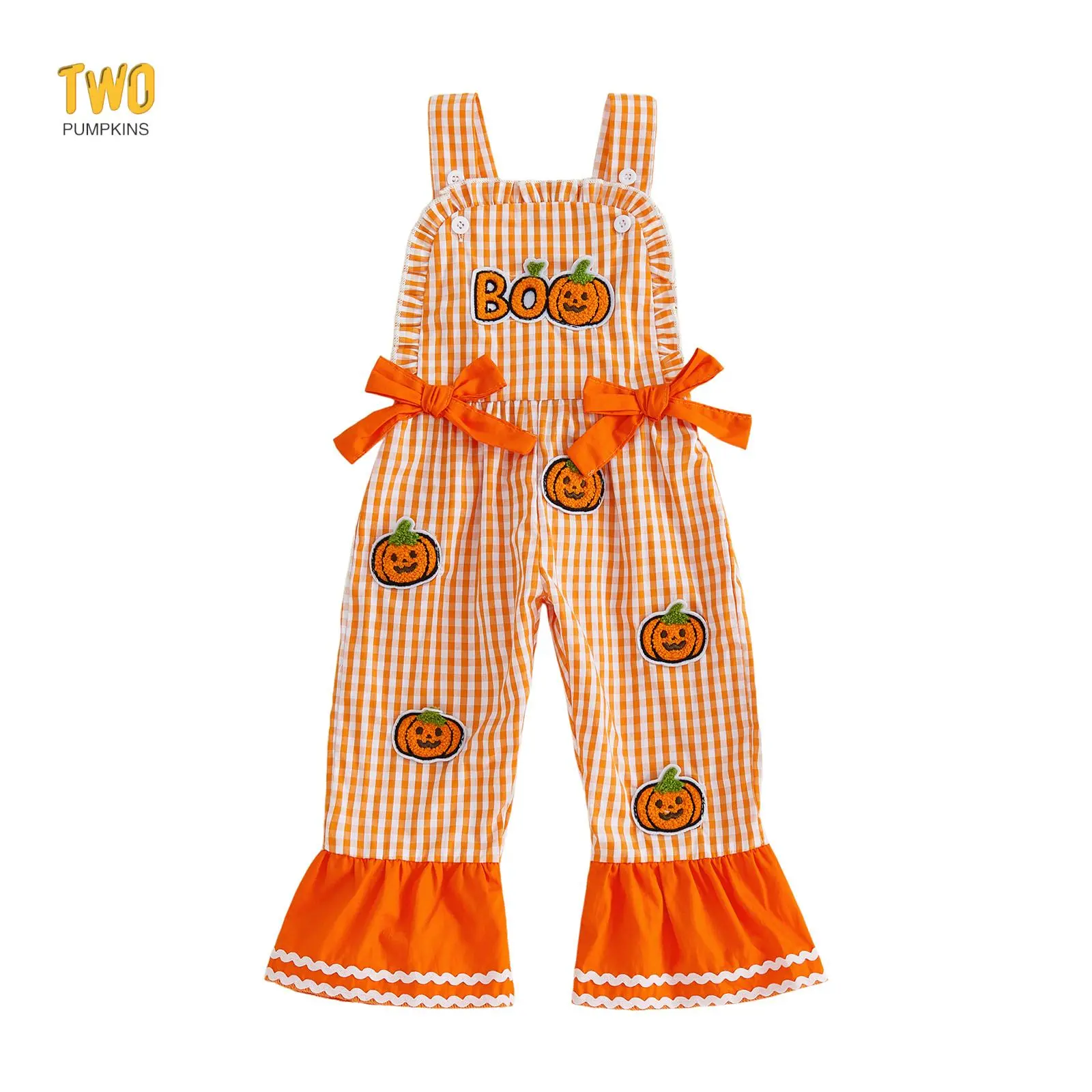 Toddler Girl Halloween Outfit Pumpkin Embroidery Plaid Bell Bottom Overalls | Halloween Girls Overalls, 12M 18M 24M 2T 3T 4T 5T Girls Clothes, Fall Overalls