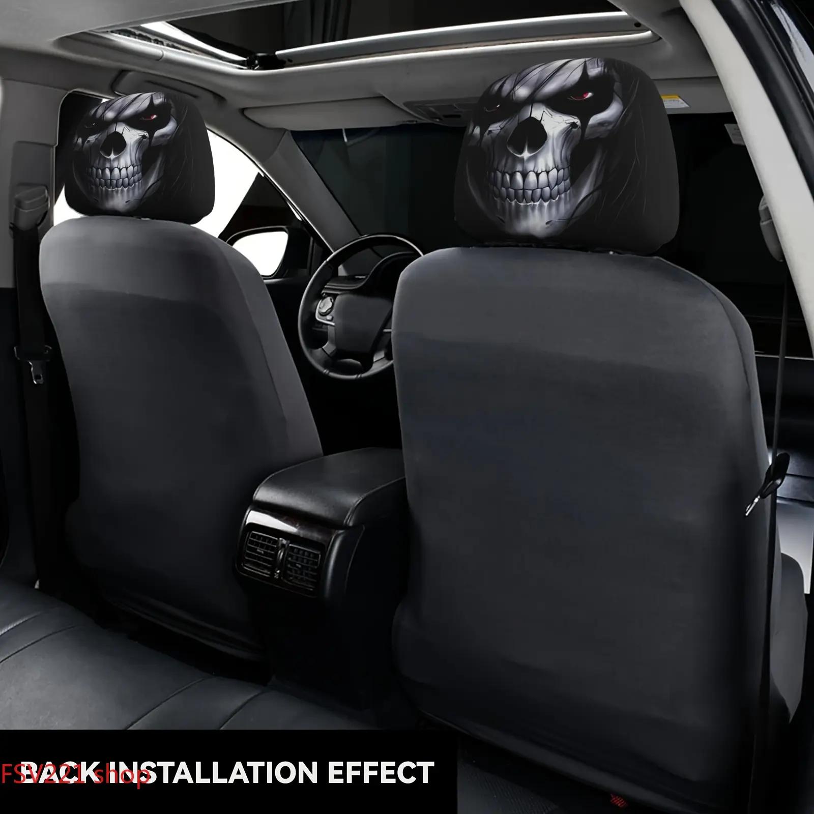 2-PCS Spooky Skull Print Headrest Protectors Gothic Style Skull Headrest Covers, Breathable Fabric Car Seat Accessories Skull Print Car Headrest Covers, Universal Fit Protective Sleeves for Auto Seats