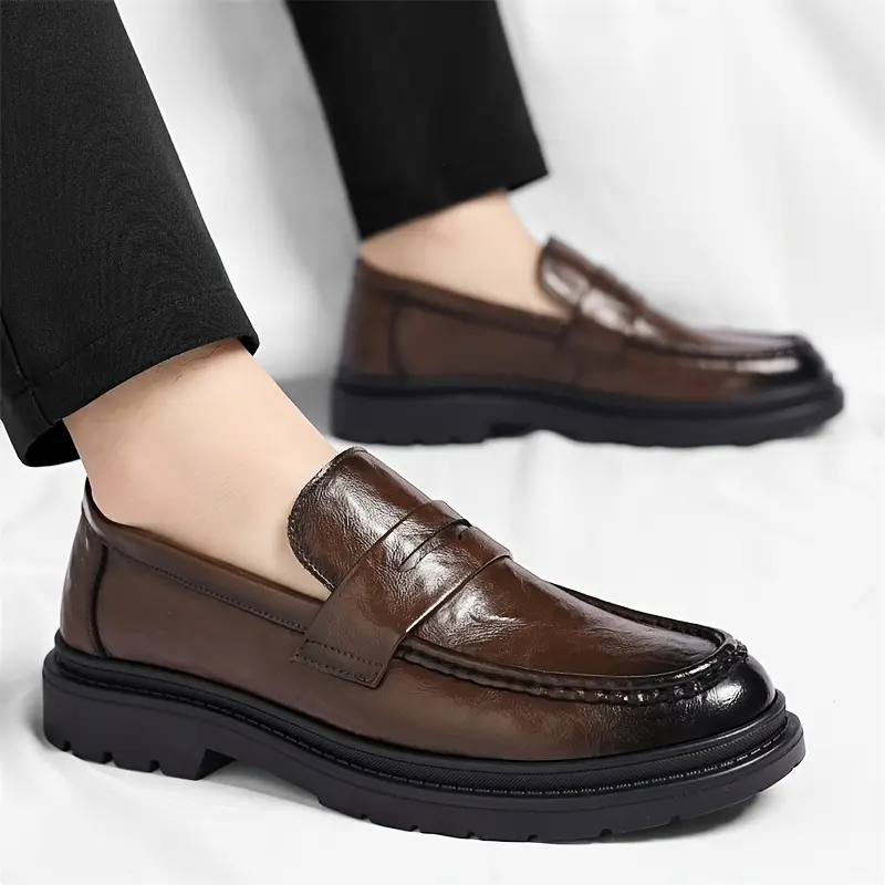 Men's Brown Wrinkled Leather Penny Loafers Slip On Round Toe Chunky Platform Casual Business Dress Shoes