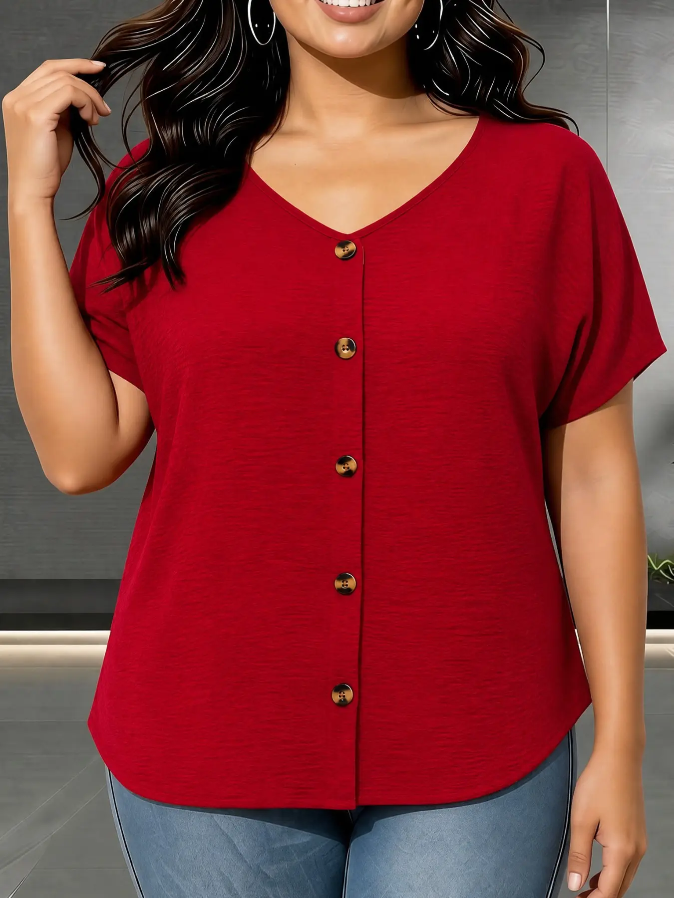 Elegant Plus Size Women's Basic Solid Color Short Sleeve V-Neck Button Shirt Blouse, Office Party Daily Casual Wear, Non-Sheer Versatile Top