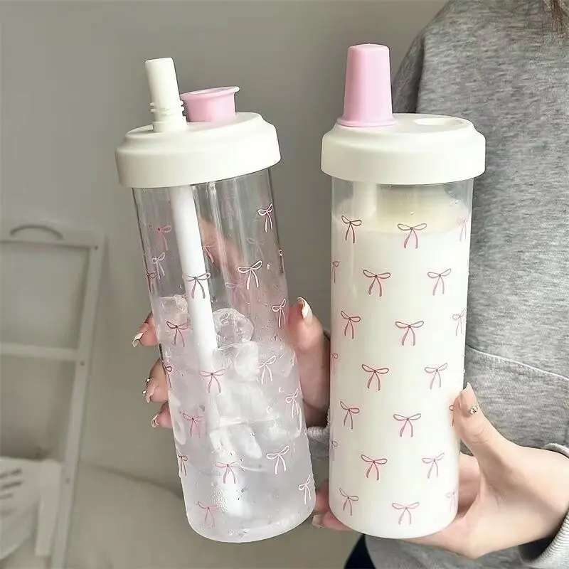 Fashionable Durable Bow Tie Straw Cup, 850ML Thick Straw Milk Tea Cup, Ideal for Various Beverages, Outdoor Campus Plastic Drinking Cup, Portable Water Cup