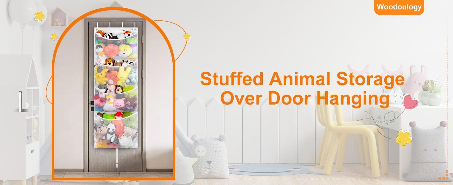 SUNDAY MIRTH Hanging Stuffed Animal Storage, Over Door Large Plush Toy Organizer with Metal Hook, Baby Accessory Holder Idea for Nursery, Doll & Bear Mesh Hammock Bag for Girl Boy Kid Room