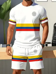 Men's Columbia Colorblock Graphic Short Sleeve T-Shirt and Shorts Set, Breathable Summer Casual Sports, Loose-Fitting Clothing Set