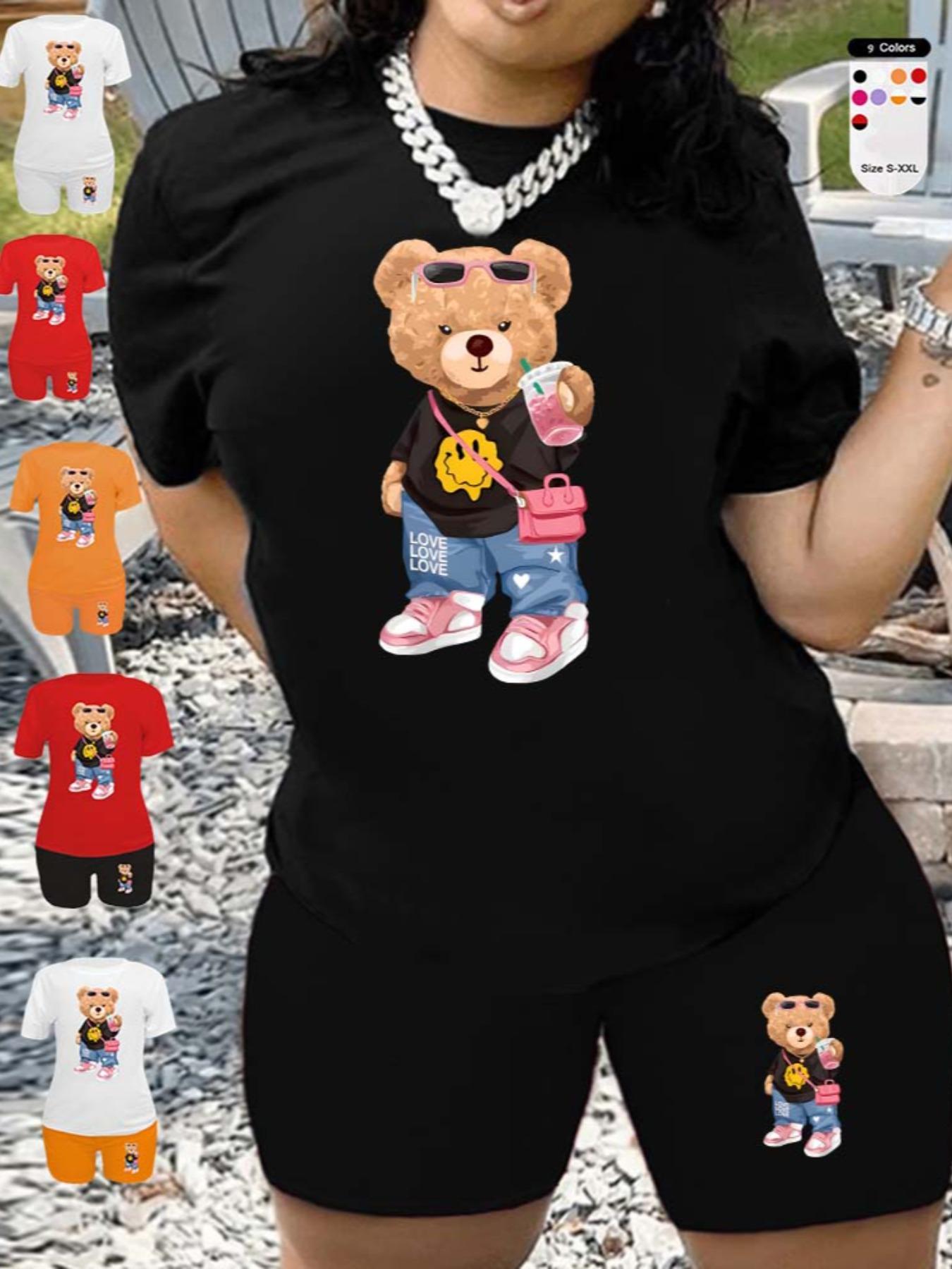 Two-Piece Set Women's Cartoon Bear Print Short Sleeve T-shirt & Skinny Shorts Set, Round Neck Tee & Shorts for Summer, Lady Outfits for Daily Wear