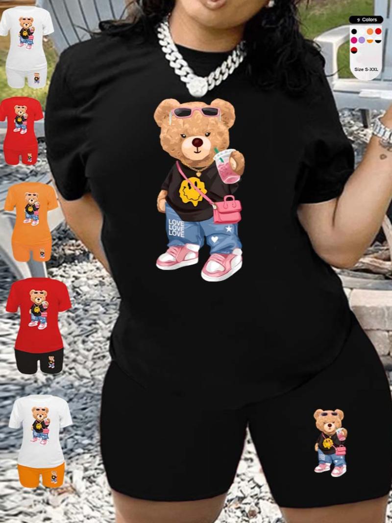 Two-Piece Set Women's Cartoon Bear Print Short Sleeve T-shirt & Skinny Shorts Set, Round Neck Tee & Shorts for Summer, Lady Outfits for Daily Wear