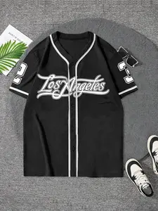 Men's Letter Number Print Baseball Shirt, Fashion Sporty V-Neck Short Sleeve, Regular Fit, Summer Casual Wear, Trendy Men's Clothing