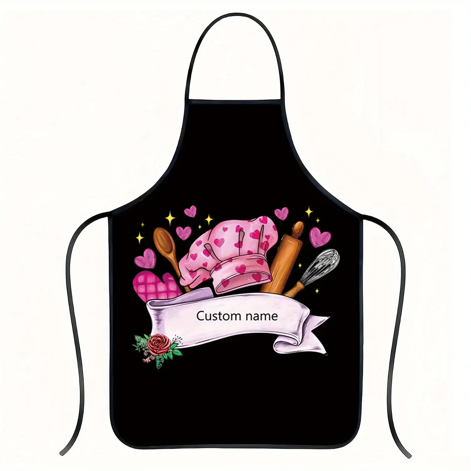 Custom Text Personalized Waterproof Pink Chef Apron - Sleeveless Polyester Durable Aprons with Pockets, Neck Strap, Kitchen Utensils/Hearts/Stars Print, All Seasons Casual Home Cooking Accessory, Holiday Gift