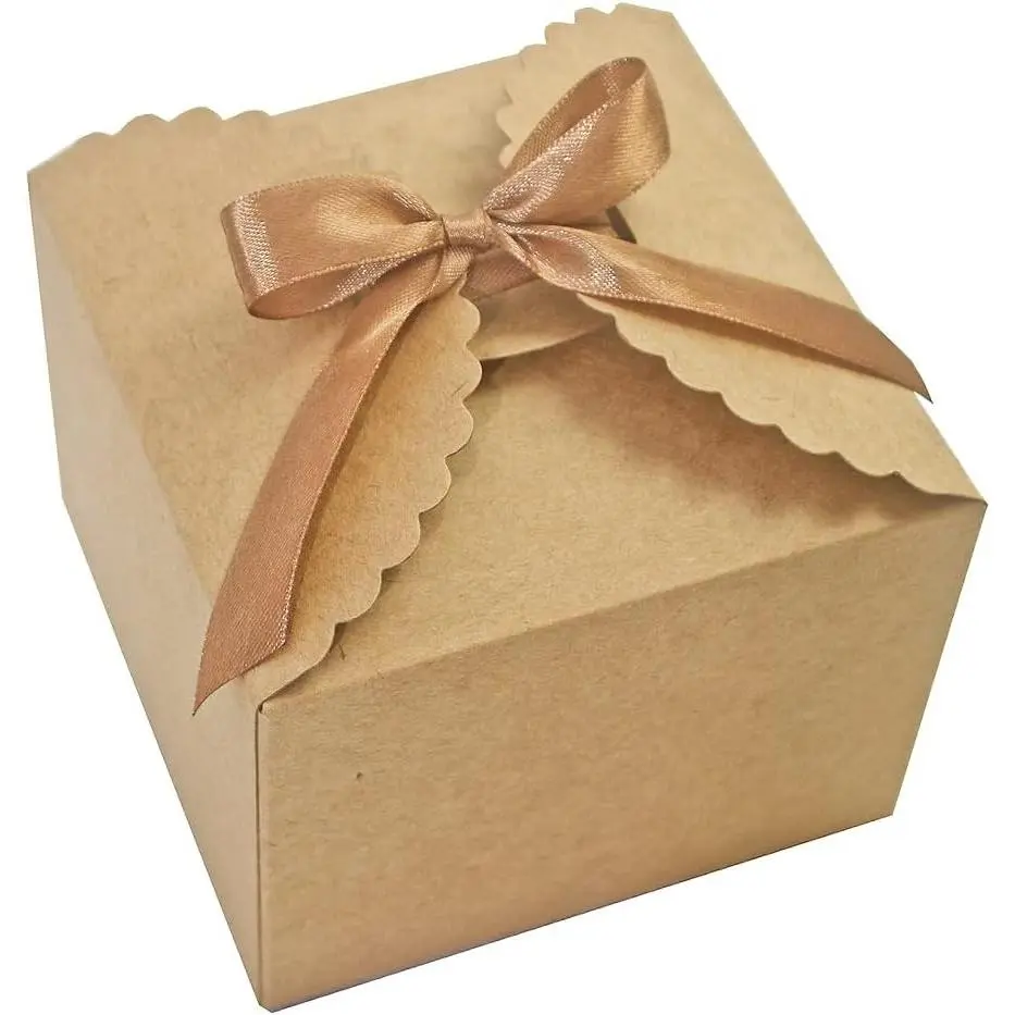 Brown Box for Presents, 10 Pack Small Empty Kraft Paper Gift Boxes with Ribbon For Packaging Candy, Cookie, Chocolate, Craft, Candle, Small Gifts, 4.75” x 4.75” x 3.53”