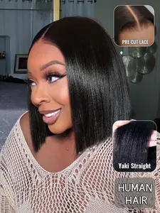 10 Inch Short Real Human Hair Yaki Straight Wave Wig, 4x4 Lace Closure Glueless Wig, Smooth Natural Bob Style, Easy Install Women's Wig