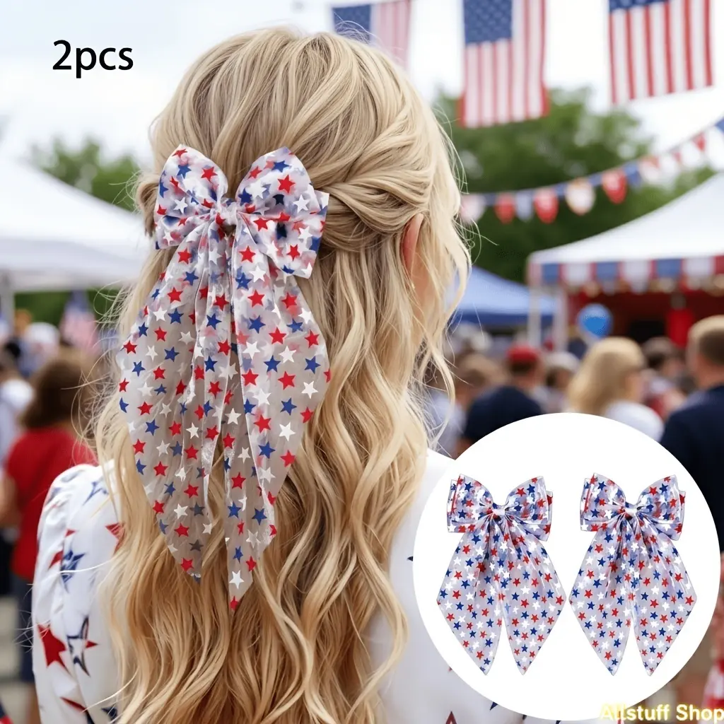 2 Pack Women's Hair Bow Clips, Stylish Polyester American Flag Bows with Nonslip Grip, 4th of July Patriotic Accessories