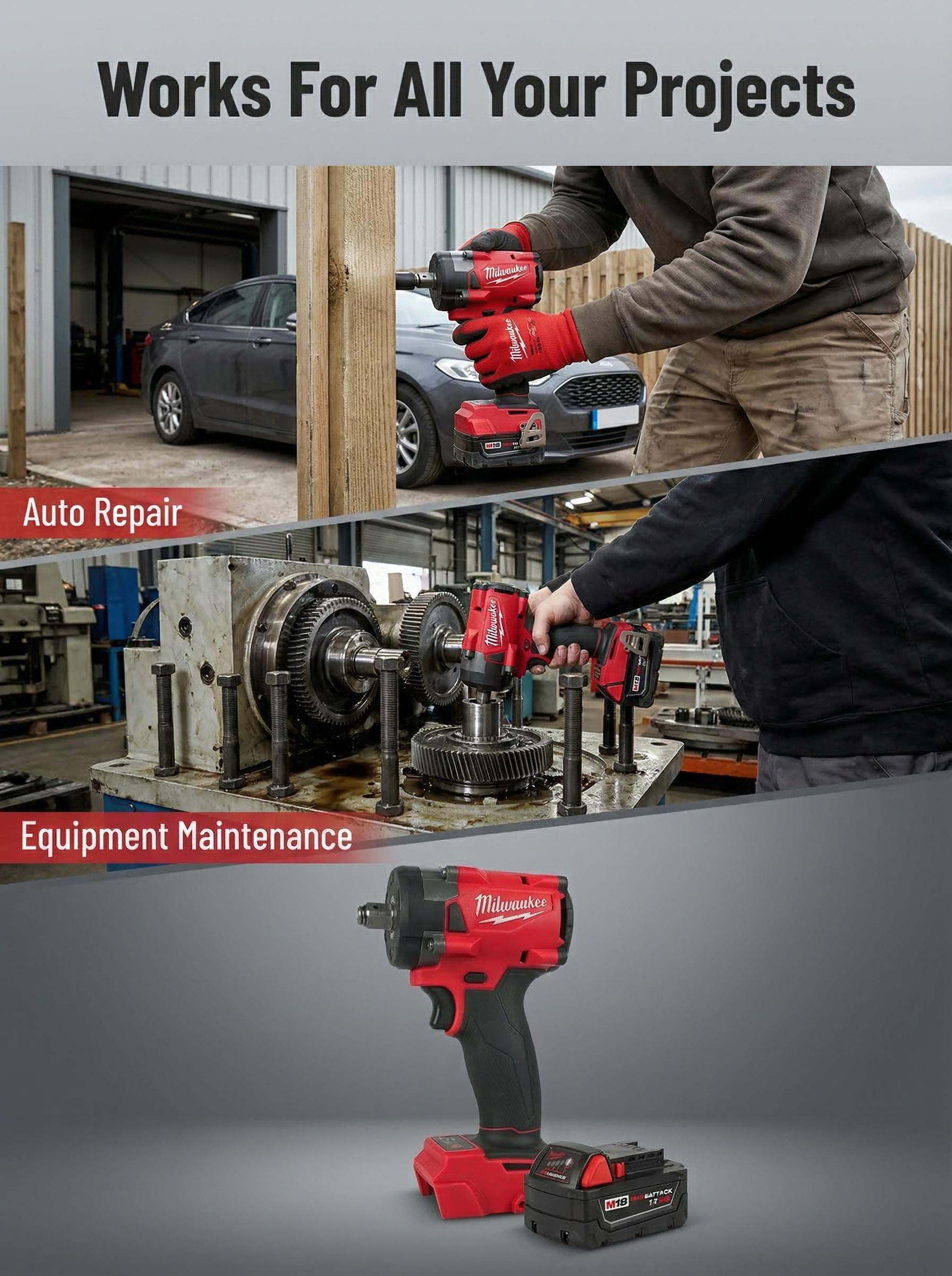 Milwaukee M18 18V Brushless Impact Wrench 1/2" 300Nm 4-Mode Torque Cordless Kit with Charger & Tool for Auto Truck Repair gear power m 18
