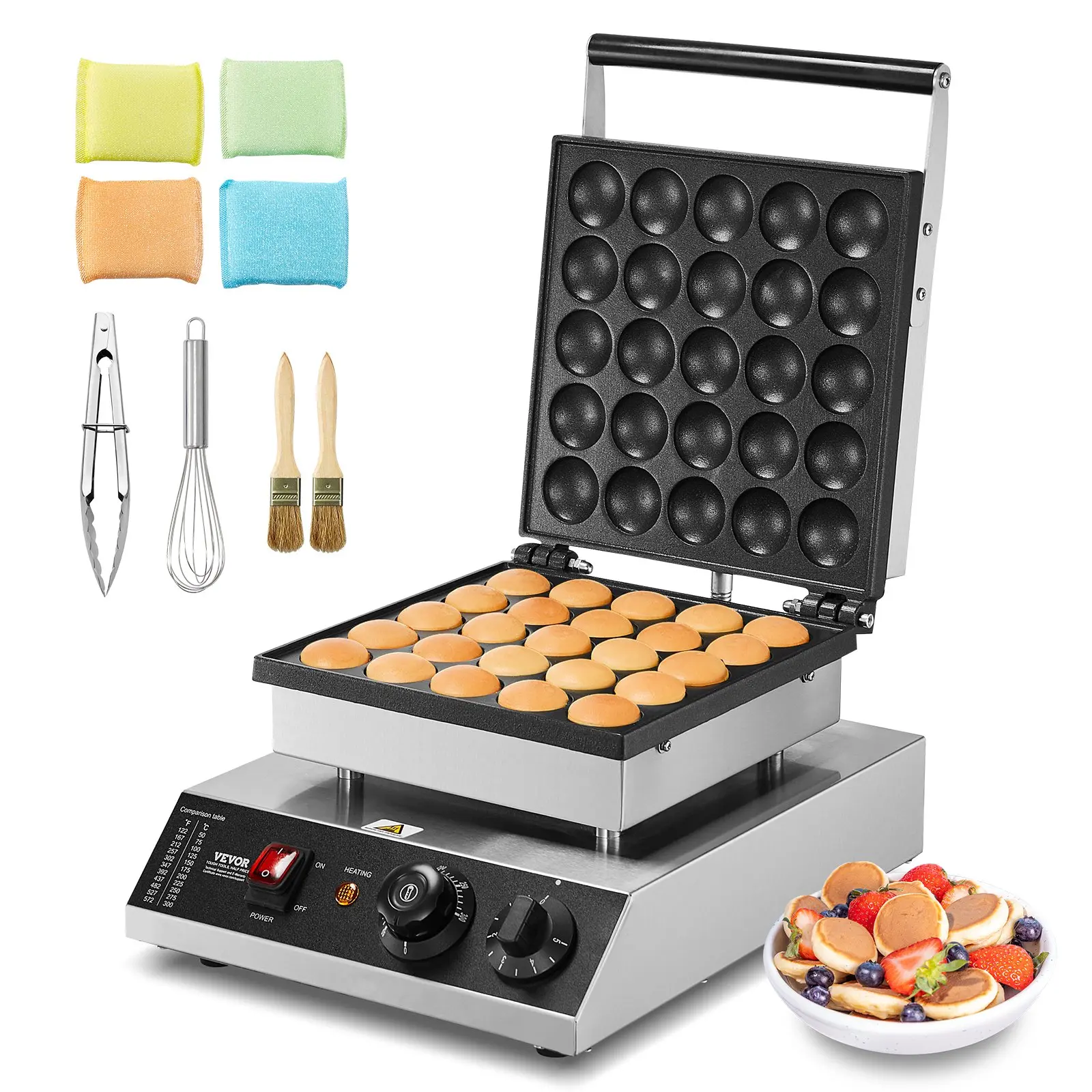 VEVOR 25p (25-Hole) Mini Dutch Pancake Maker, 43mm Diameter Dorayaki Baker, 1700W Commercial Electric Poffertjes Grill, Non-Stick Stainless Steel, Temp Control, Quick Production, Washable, 12.2x15.4x9in, 122-572°F, 21Lbs/9.4Kg, Home & Restaurant Use, Diy,