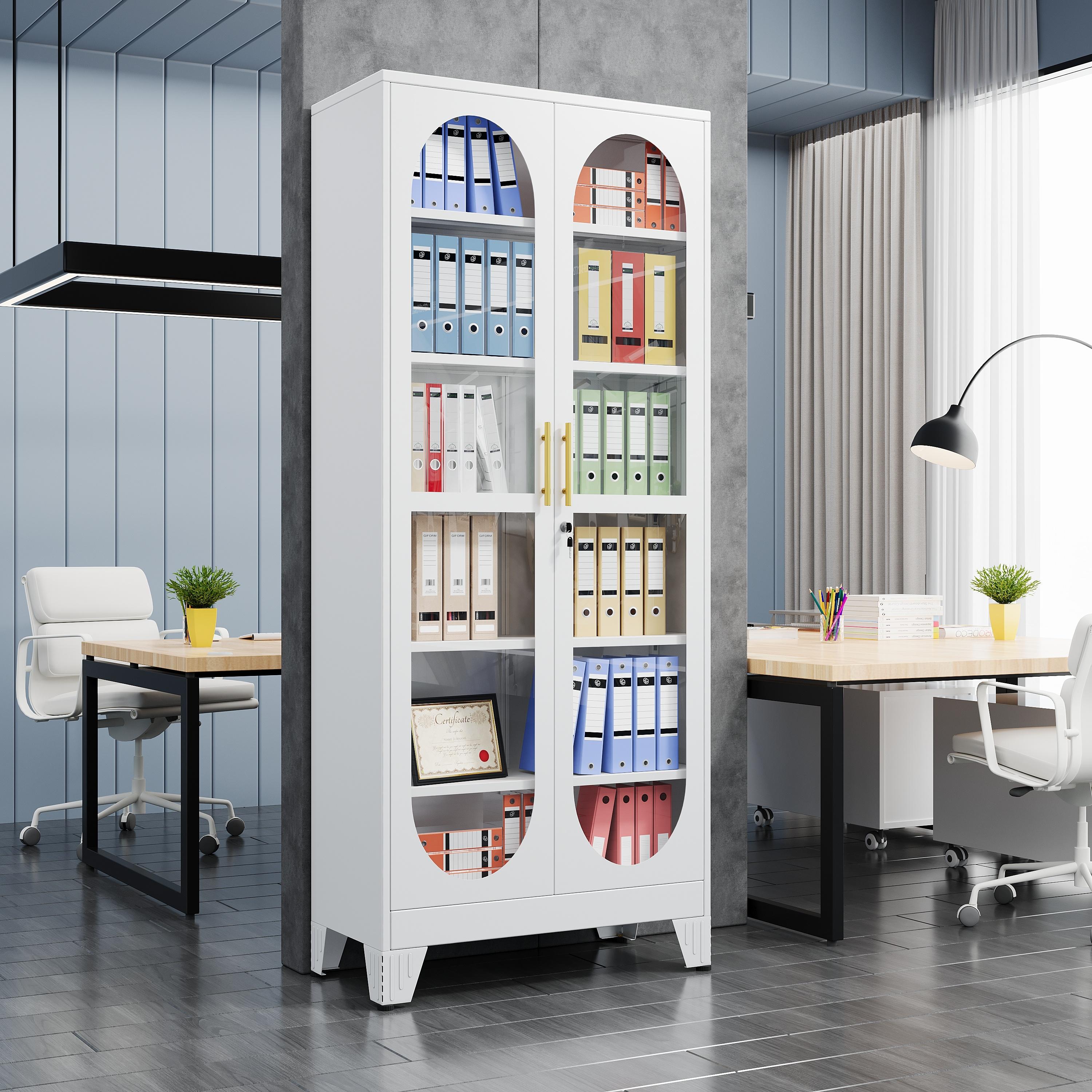 61"  71"  75" Tall Display Cabinet with Glass Door, 5 Tier Metal Curio Cabinet with 4 Adjustable Shelves, Locking Glass Display Case for Collectibles, Showcase Storage Cabinets for Showroom Clinic, White