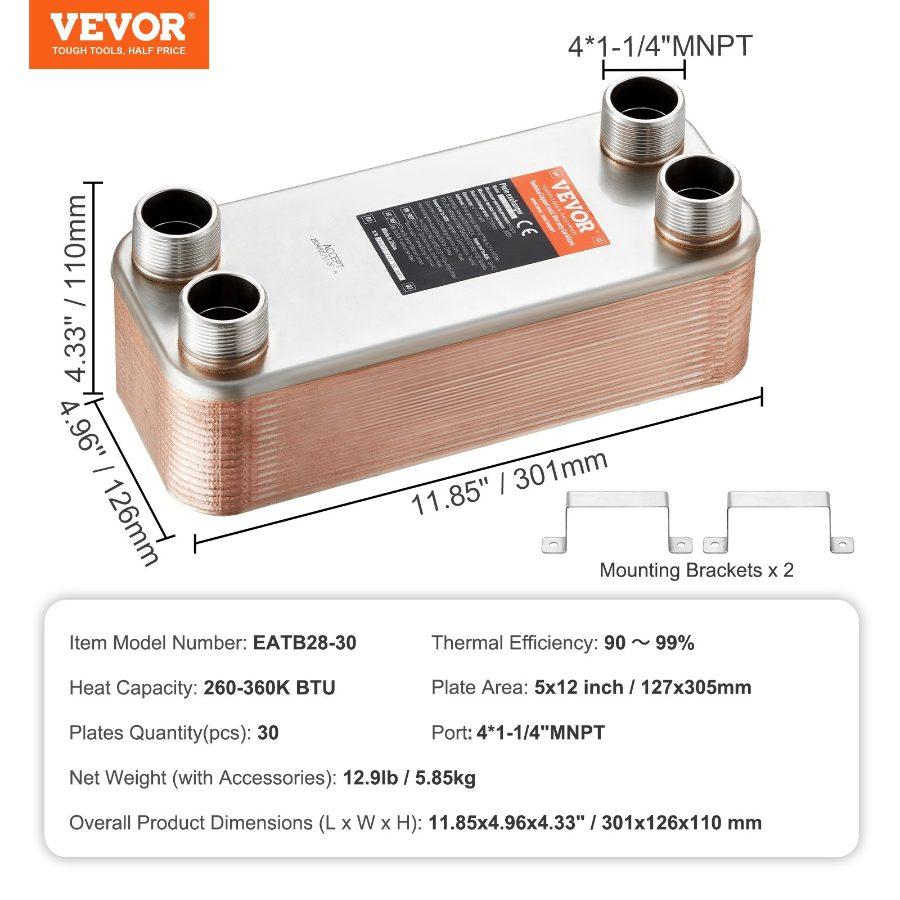 VEVOR Heat Exchanger, 5x 12 30 Plates Brazed Plate Heat Exchanger, Copper/316L Stainless Steel Water To Water Heat Exchanger For Floor Heating, Water Heating, Snow Melting, Beer Cooling