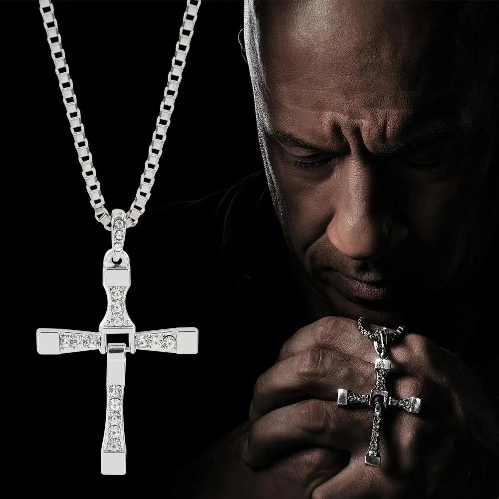 Fast & Furious 10 Dominic Toretto Unisex Crystal Metal Rhinestone Jesus Cross Pendant Necklace, Long Length Fashion Costume Jewelry Accessory, Unisex Wear