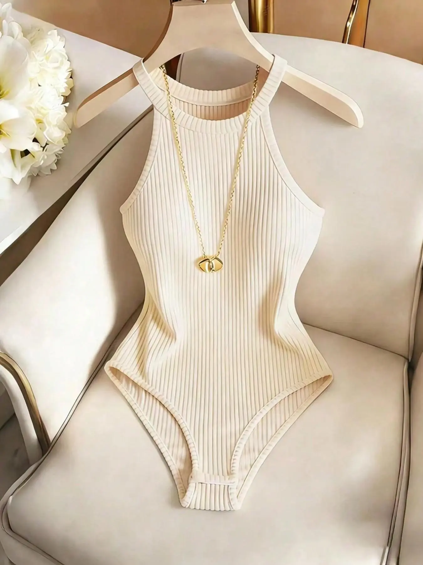 [4th of July]Women's Summer Casual Halter Neck Sleeveless Knit Bodycon Bodysuit, Comfortable and Stylish One-Piece, Perfect for Daily Wear