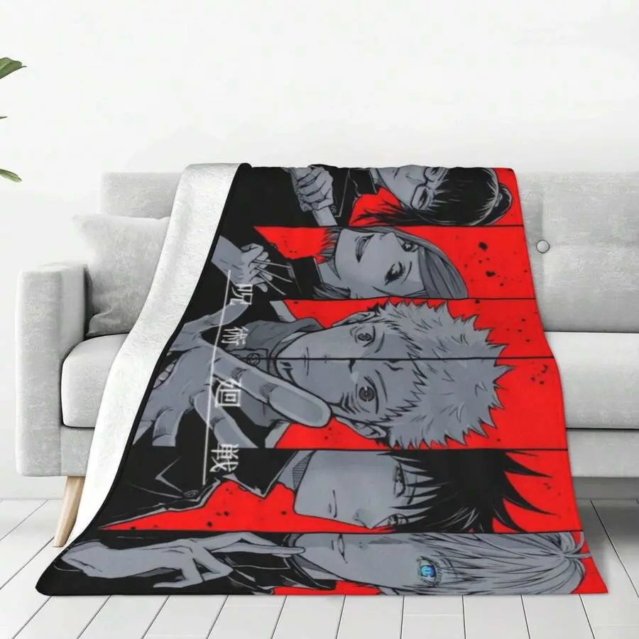 Jujutsu Kaisen Black White Manga Panel Red Background Character Flannel Blanket, Yuji Megumi Nobara Gojo Anime Collage Throw Blanket, Soft Plush Warm Blanket for Couch Bedroom, Cozy Comfy Nap Blanket, Perfect Giftable Decorative Blanket for Jujutsu Kaisen