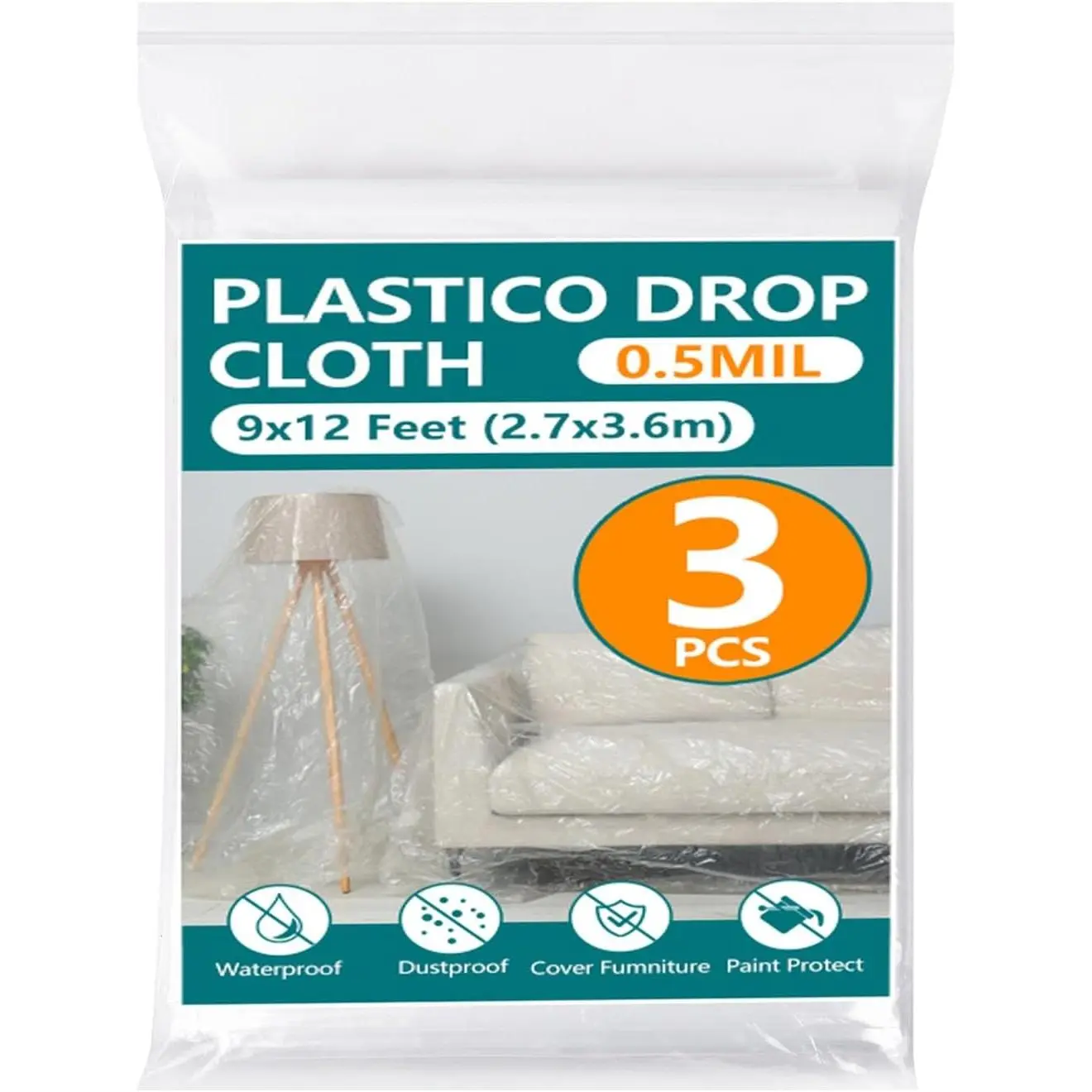 3-Pack 12x9ft Plastic Drop Cloths Disposable Painter's Sheeting for Floor Furniture Car Protection Paint Drop Cloth