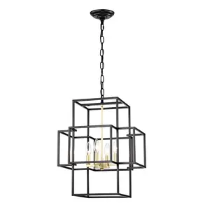 ARCH 4-Light Metal Lantern Tiered Pendant Hanging Light Fixture Industrial Farmhouse Adjustable Height Chandelier Matte Black & Gold for Dining Room Hallway Foyer Entryway Kitchen Island Bedroom Living Room (E12 Bulbs Not Included)