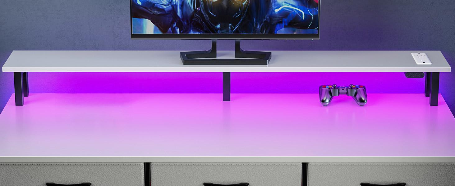 Computer Desk with Power Outlets & LED Light, 47 inch Home Office Desk with Drawers and Storage Shelves, Writing Desk with Monitor Stand, Modern Work Study Desk for Home Office, White