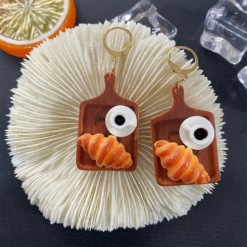 Creative Simulation Coffee Bread Tray Drop Earrings For Women Funny Handmade Croissant Cupcake Dangle Earring Party