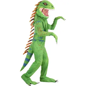 Realistic Lizard Costume Adult Green Iguana Jumpsuit Halloween Cosplay Polyester Reptile Outfit.