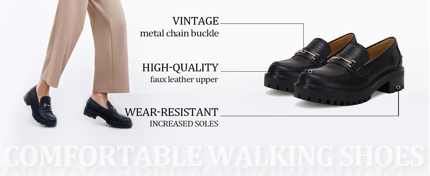 Fashare Womens Lug Sole Platform Mid Chunky Heel Loafers Classic Round Toe Slip On Office Uniform Oxfords Shoes with Metal Chain