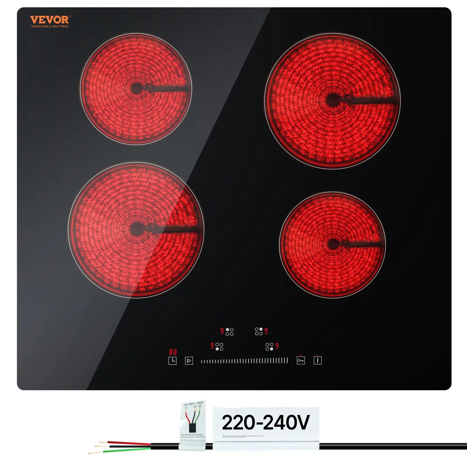 【toolupgrade】VEVOR Rectangular Single Unit Glass Top Cooking Stove, 23.2x20.5in 4-Burner Built-In 240V Electric Radiant Cooktop with Sensor Touch Control, Timer, Child Lock, 9 Power Levels for Simmer, Fry
