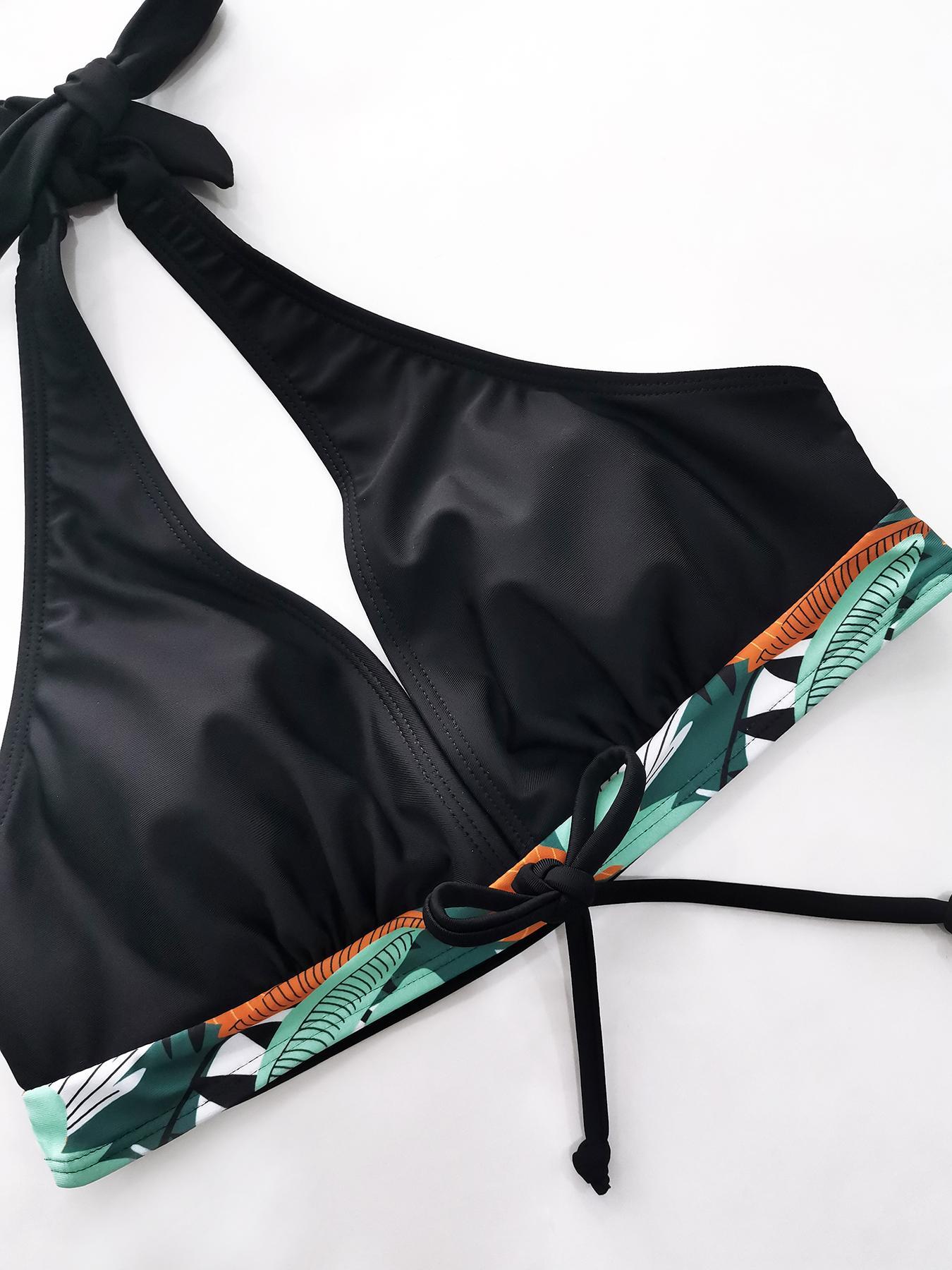Women's Tropical Print Halter Knot Front Wireless Swim Bra & High Waist Shorts Bikini Set, Summer Outfits, Tummy Control Swimwear, Tie Back  Leaf Print Bikini Sets, Activewear, High Waisted Bikini Sets, Swimsuit Style, Beach Bikini Set,