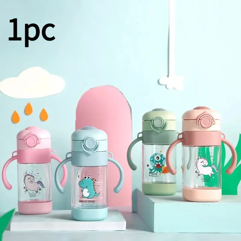 Kids Straw Learning Cup, Dual Ear Handle Design, Leak-Proof One-Touch Lid, Cute Cartoon Unicorn/dinosaur/monster Pattern, Portable Baby Training Water Cup