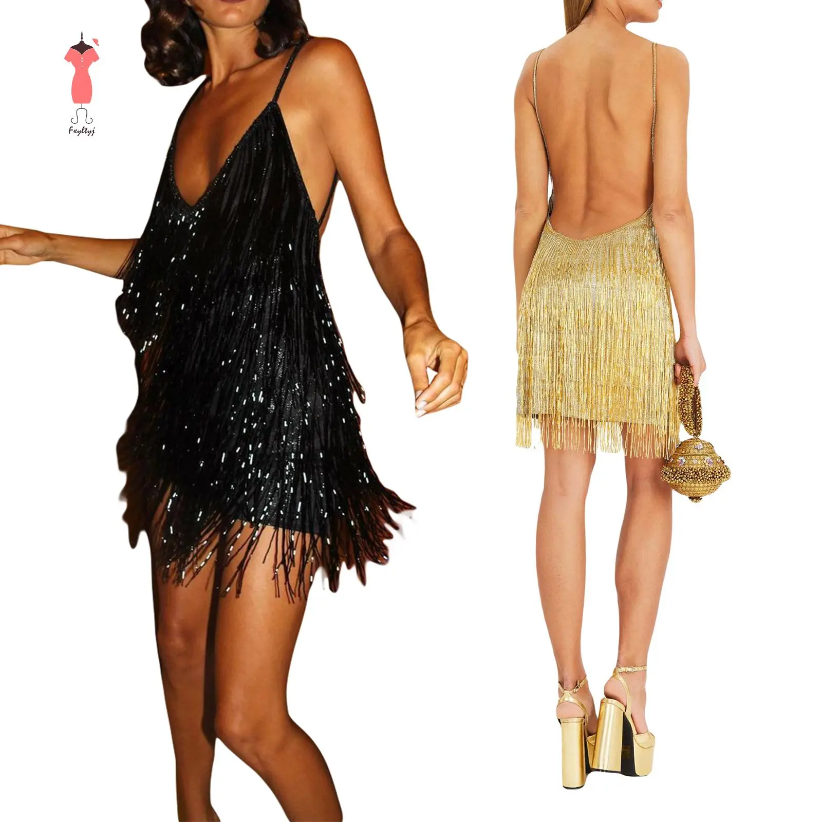 Women Sleeveless Evening Dress Elegant V-neck Backless Ball Gown with Sequined Fringe for Cocktail Wedding Party Carnival Formal